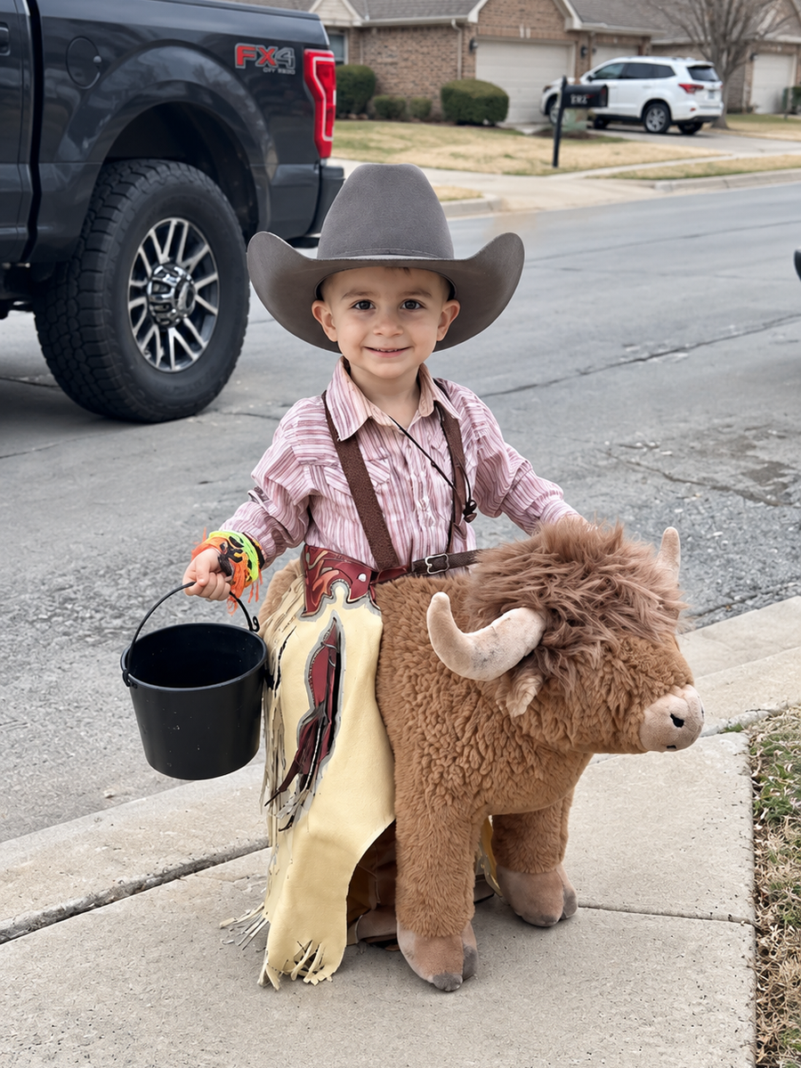 Kid wearing the Highland Cow Ride-On Costume