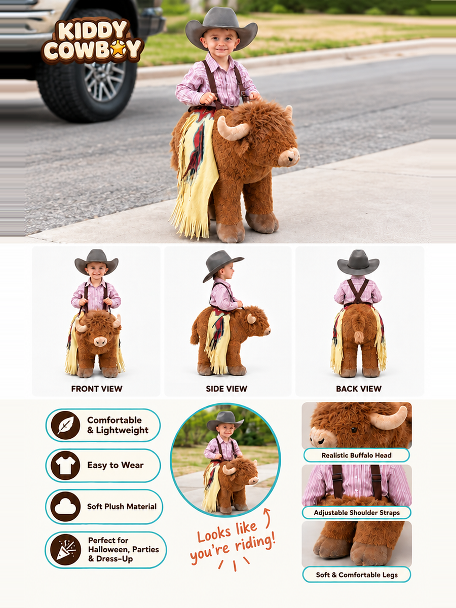 Highland Cow Ride-On Costume – photo collage
