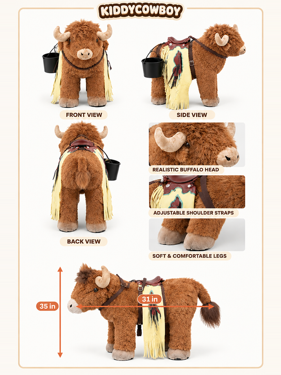 Highland Cow Ride-On Costume – front, side and back view