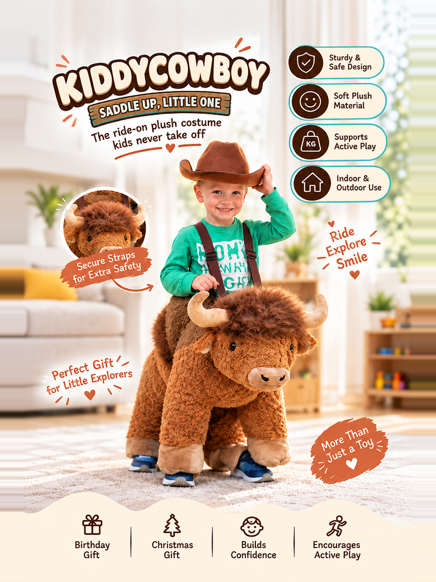 Highland Cow Ride-On Costume – features infographic